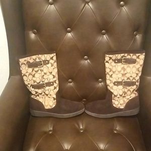 *USED* Coach boots, jacquard logo with gold buckles, fleece lined, brown, size 9